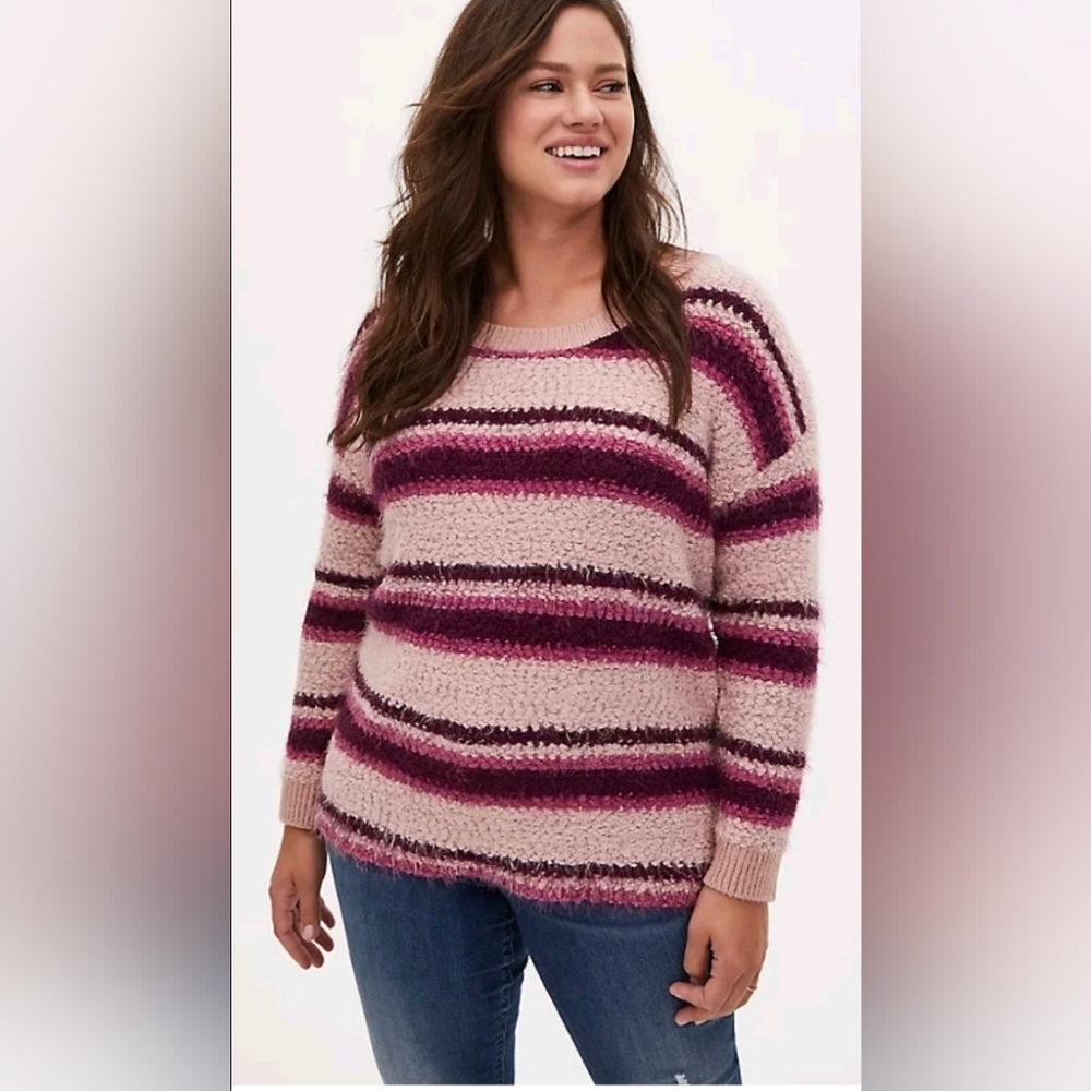 TORRID PINK STRIPED POPCORN DROP SHOULDER SWEATER 6x